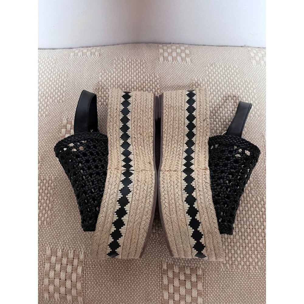 Tory Burch Platform Wedge Sandal 8 M Espadrille Woven Leather Logo Black Dandy - Picture 5 of 7